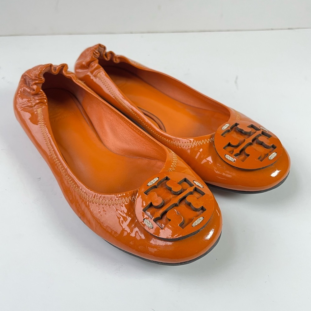 Tory Burch Logo Patent Leather Ballet Flats Orange Size 7M